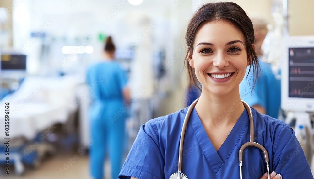 Fototapeta premium Smiling nurse in blue scrubs stands confidently in a hospital setting, showing professionalism and compassion.
