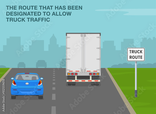 Safe driving tips and traffic regulation rules. United States "truck route" sign meaning. Back view of a traffic flow on highway. Flat vector illustration template.