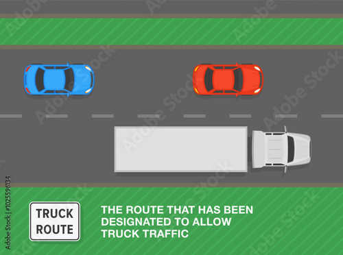 Safe driving tips and traffic regulation rules. United States "truck route" sign meaning. Top view of a traffic flow on highway. Flat vector illustration template.
