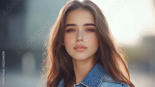 Portrait of a young woman with long hair, wearing a denim jacket against a softly blurred urban background.