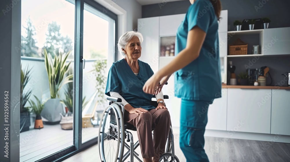 A therapist assisting an elderly lady in getting up from a wheelchair in her residence. A therapist assisting an elderly lady in getting up from a wheelchair in her residence.