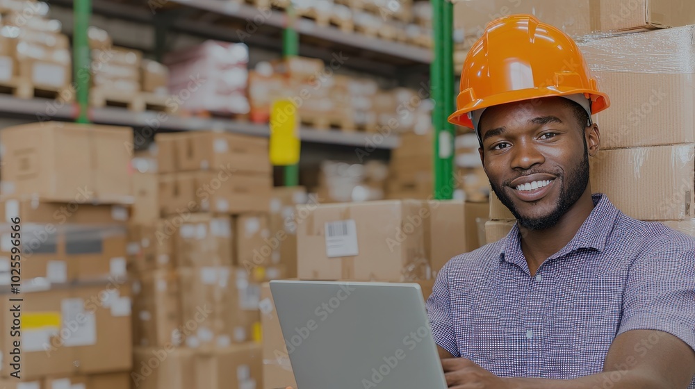 Smiling Warehouse Worker Using Laptop with Stacked Boxes in Background Smiling Warehouse Worker Using Laptop with Stacked Boxes in Background