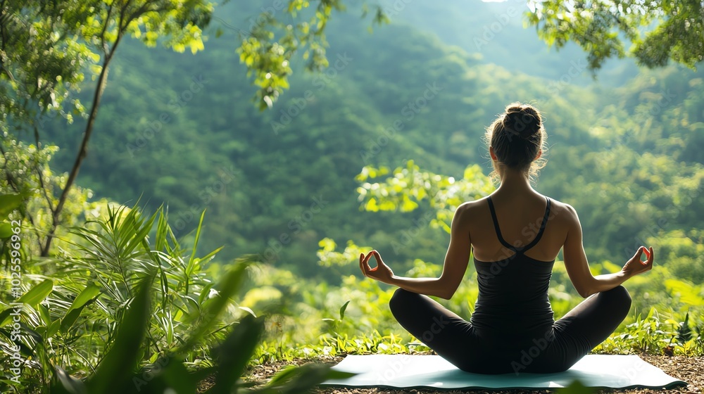 A peaceful woman meditating in nature, surrounded by lush greenery and mountains, embodying serenity and mindfulness. A peaceful woman meditating in nature, surrounded by lush greenery and mountains, embodying serenity and mindfulness.