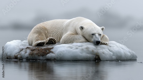 A polar bear rests on a melting ice floe, showcasing the  reality of climate change and habitat loss.