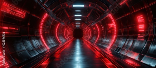 Futuristic tunnel with red neon lights and a glowing pathway.