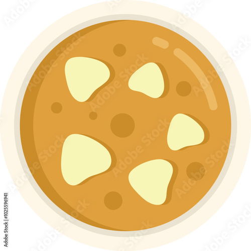 Simple vector illustration of a bowl of soup with croutons, seen from above