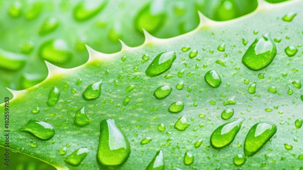 Fototapeta premium A vibrant green aloe vera leaf glistens with water droplets, captured in brilliant daylight against a softly blurred backdrop.