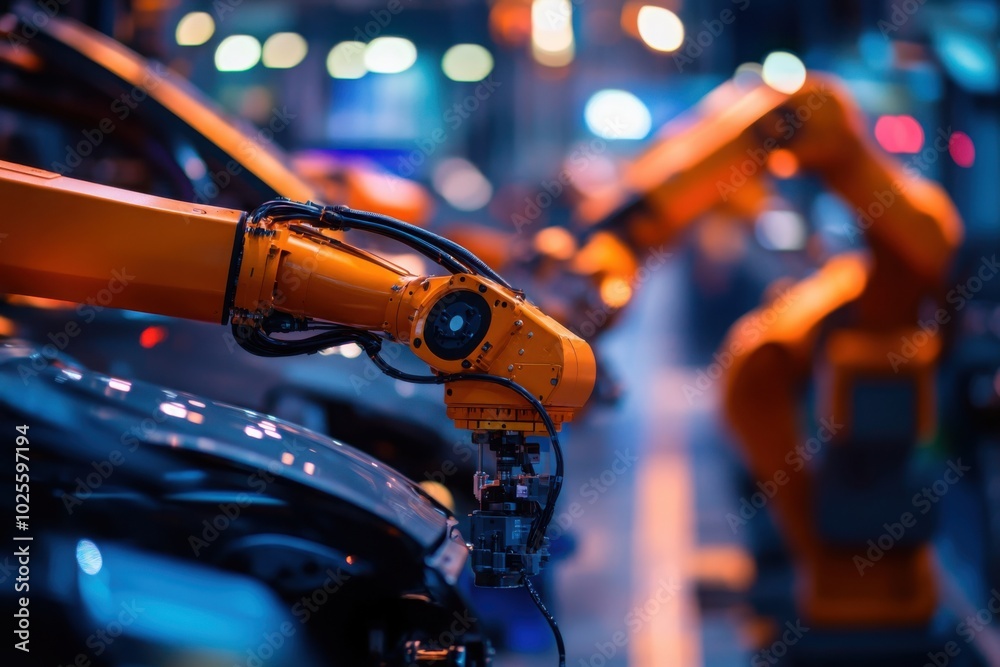 Automated robotic arms on car assembly line, with copy space Automated robotic arms on car assembly line, with copy space