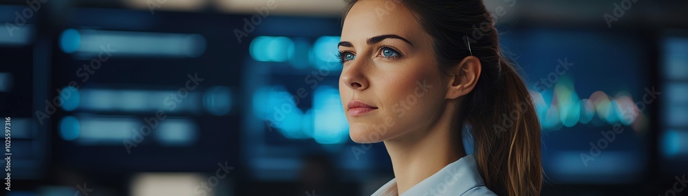 A confident woman in a modern workspace, focused on data analysis amidst digital displays.