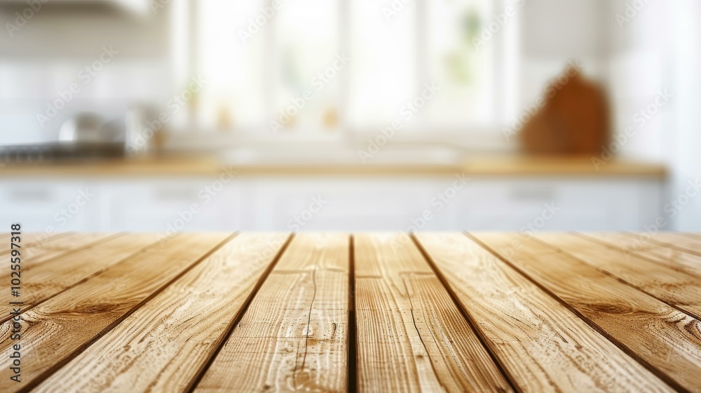 A sleek wooden table stands empty, set against a blurred kitchen backdrop, highlighting modern interior design. A sleek wooden table stands empty, set against a blurred kitchen backdrop, highlighting modern interior design.