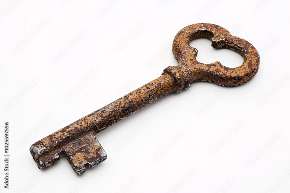 An ornate, weathered key rests against a pristine white backdrop, inviting intrigue with its rich history and intricate design. An ornate, weathered key rests against a pristine white backdrop, inviting intrigue with its rich history and intricate design.