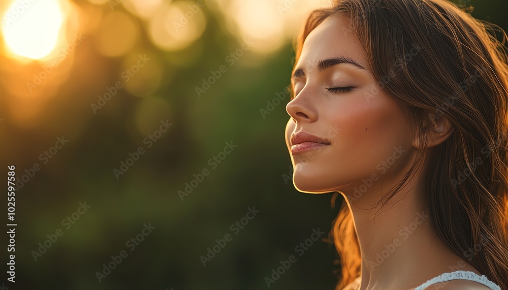 A serene woman enjoying a moment of peace in nature with her eyes closed, illuminated by warm sunlight. A serene woman enjoying a moment of peace in nature with her eyes closed, illuminated by warm sunlight.
