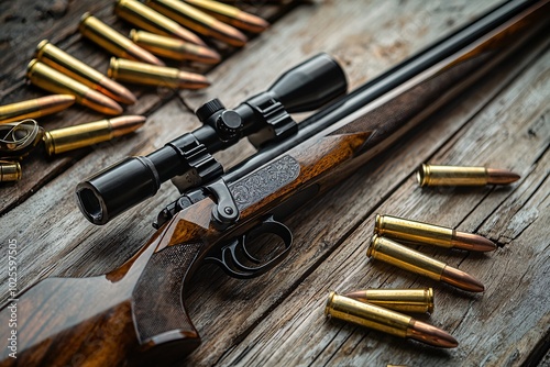 A finely crafted firearm rests on a rustic table, elegantly accompanied by scattered ammunition that highlights its intricate design.