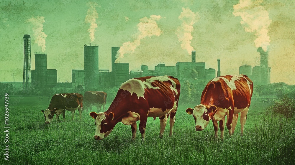 Double exposure of cattle on a green pasture and rising methane emissions, highlighting the agricultural contribution to greenhouse gases. Double exposure of cattle on a green pasture and rising methane emissions, highlighting the agricultural contribution to greenhouse gases.