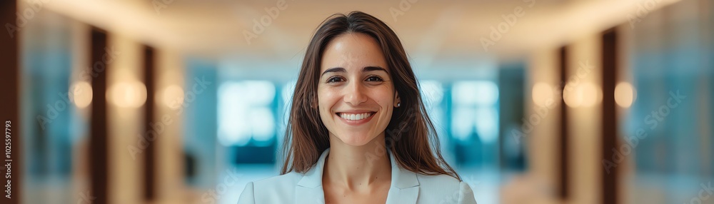 A smiling woman in a modern office environment, radiating positivity and professionalism.