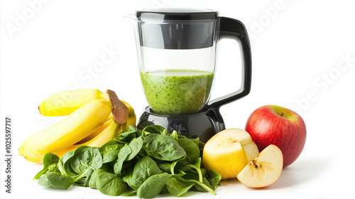 Fresh Fruits and Vegetables: Blender Blending Bananas, Apple, and Spinach into a Nutritious Smoothie on Clean White Background photo