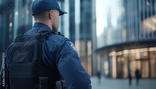 A police officer observes the urban skyline, ensuring safety in a modern city setting. photo