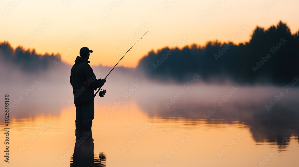 A fisherman enjoying a peaceful moment by the lake at dawn, surrounded by mist and beautiful nature. A fisherman enjoying a peaceful moment by the lake at dawn, surrounded by mist and beautiful nature.