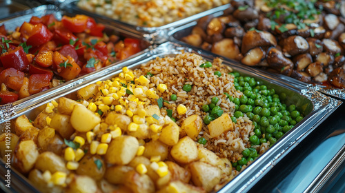 Gourmet Presentation of Roast Potatoes in Teriyaki Sauce Served with Sweet Corn, Green Peas, Brown Rice Enhanced with Harissa Sauce