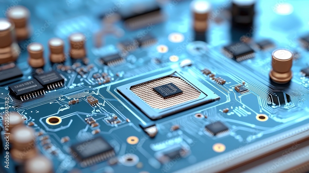 Close Up of CPU Processor on Motherboard with Circuitry and Components Close Up of CPU Processor on Motherboard with Circuitry and Components