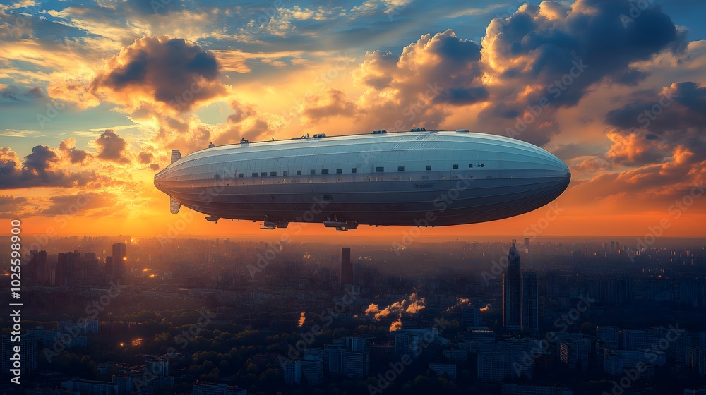 Fototapeta premium large airship floating above a city with modern buildings, under a deep blue sky with fluffy clouds