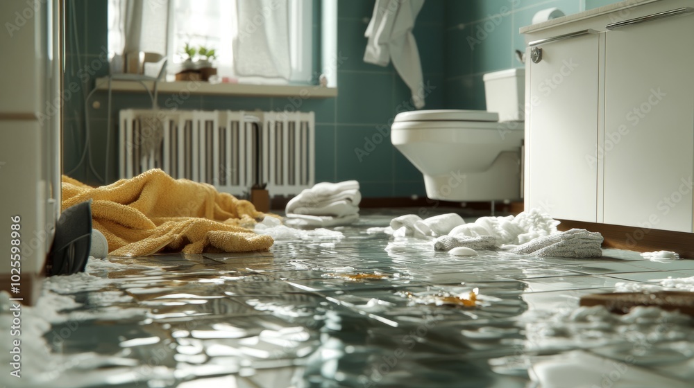 Flooded modern bathroom with water leaking from a damaged sink faucet, spreading across the tile floor and disordered towels and toiletries. Flooded modern bathroom with water leaking from a damaged sink faucet, spreading across the tile floor and disordered towels and toiletries.