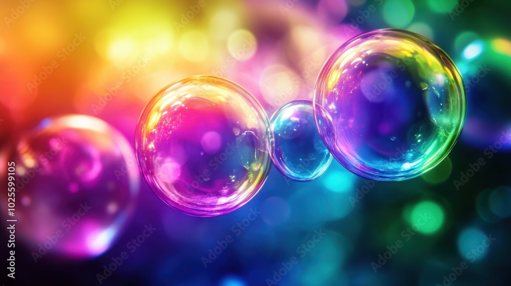 Glowing rainbow bubbles in a dark space, capturing a sense of playful joy and wonder as the colors reflect and swirl in the dim light. Glowing rainbow bubbles in a dark space, capturing a sense of playful joy and wonder as the colors reflect and swirl in the dim light.