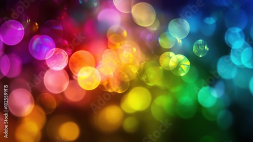 Glowing rainbow bubbles in a dark space, capturing a sense of playful joy and wonder as the colors reflect and swirl in the dim light.