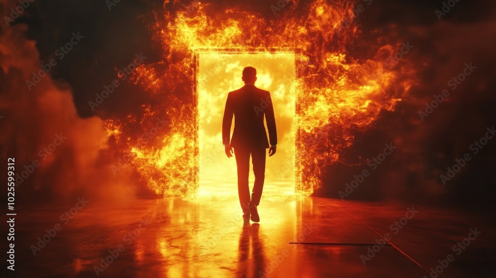 A silhouetted figure walks through a fiery portal, evoking themes of transformation and mystery. A silhouetted figure walks through a fiery portal, evoking themes of transformation and mystery.