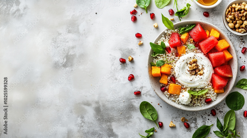 Obraz premium Modern Stylish Professional Food Photograph of Bulgur with Shepherd's Cheese, Watermelon, Spinach Leaves, Nut Crunch, Sweet Potato Cubes, Honey Yogurt Dip, and Pomegranate Reduction on a White Plate