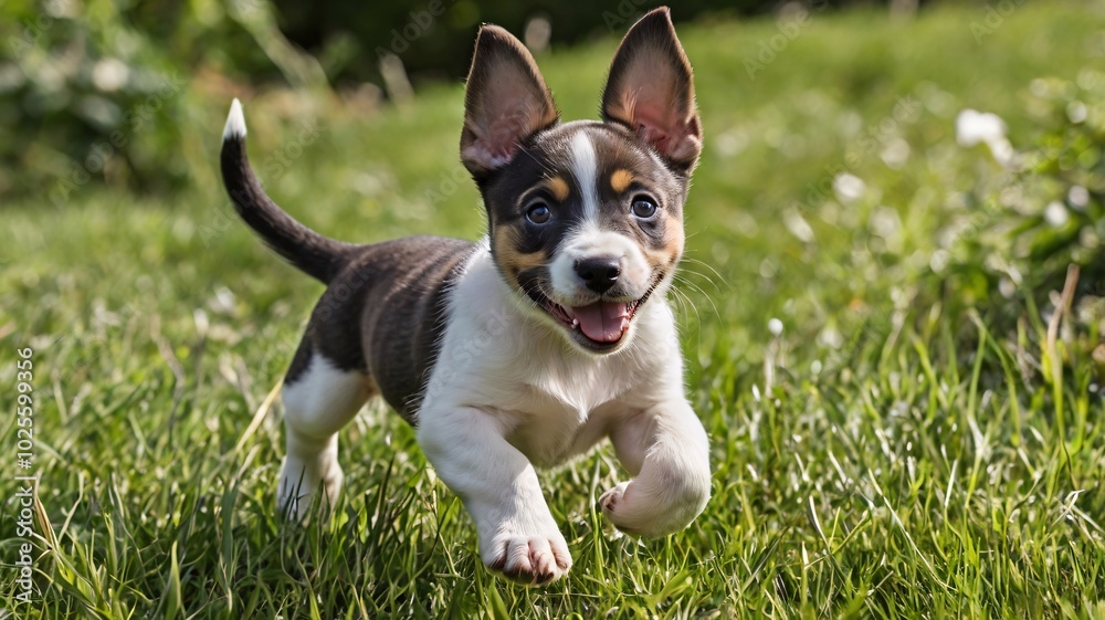 playful puppy running through the grass playful puppy running through the grass