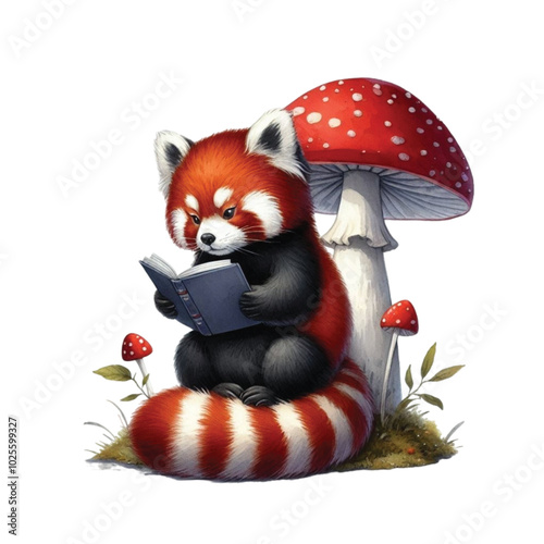 Red panda reads a book on a mushroom's back clipart watercolor