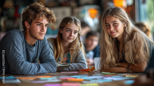 Youthful Gathering Around a Table with Notes and Discussions