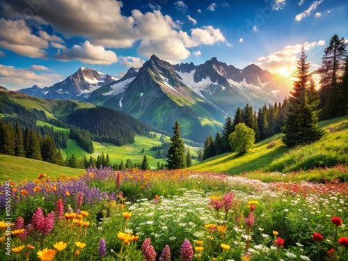 Idyllic Mountain Landscape with Green Meadows and Blooming Wildflowers in Scenic Nature Countryside Outdoor Spring