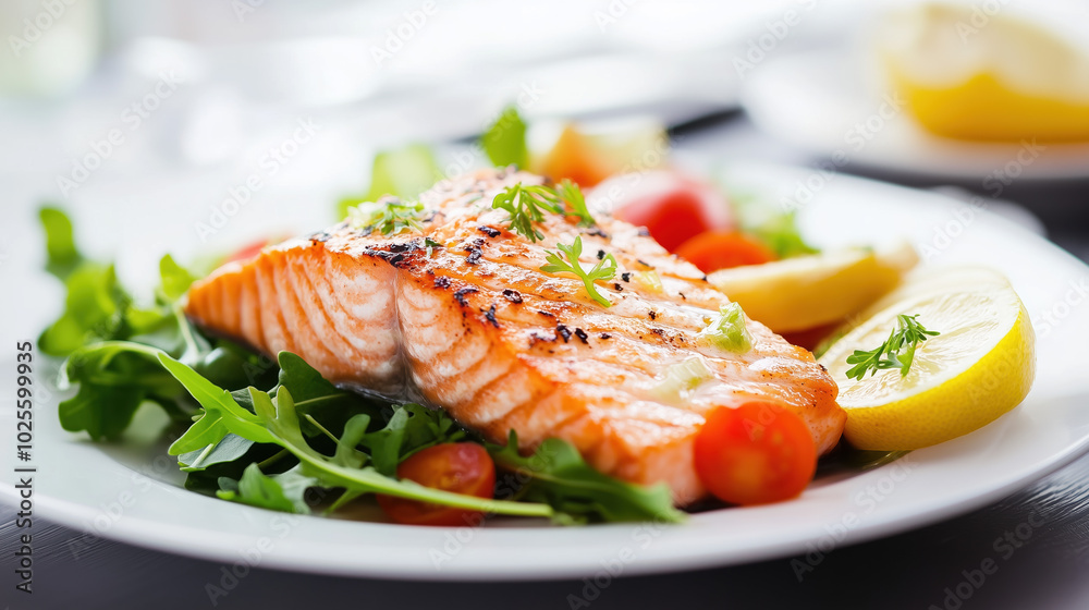 Wholesome Dietary Meal with Salmon in a Stylish Ceramic Bowl Ideal for Health-Conscious Eaters