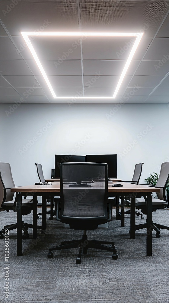 Modern Office Interior with Geometric LED Lighting and Black Mesh Chairs Modern Office Interior with Geometric LED Lighting and Black Mesh Chairs