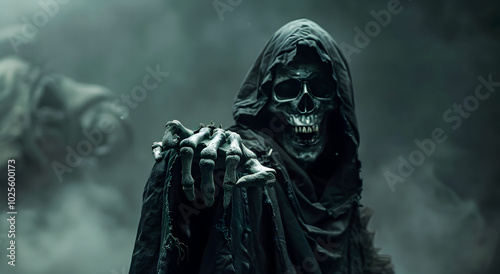 Grim reaper figure in dark cloak, skeletal hand reaching out, surrounded by mist. Perfect for horror or Halloween designs. banner horror