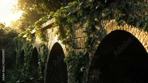 Ivy-covered stone aqueduct, viewed from below at sunrise, bathed in soft light that enhances the texture of the ancient structure and historical ambiance.