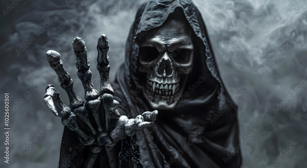 Grim reaper figure in dark cloak, skeletal hand reaching out, surrounded by mist. Perfect for horror or Halloween designs. banner horror