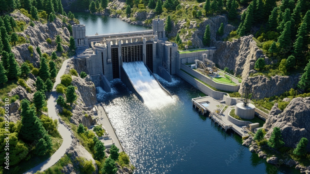 Large dam and hydroelectric power facility with flowing water generating energy, industrial structure blending with natural surroundings.