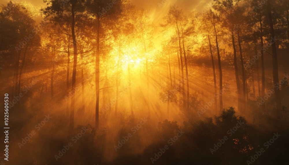 Sun rays shining through a dense forest with fog at sunrise. Sun rays shining through a dense forest with fog at sunrise.