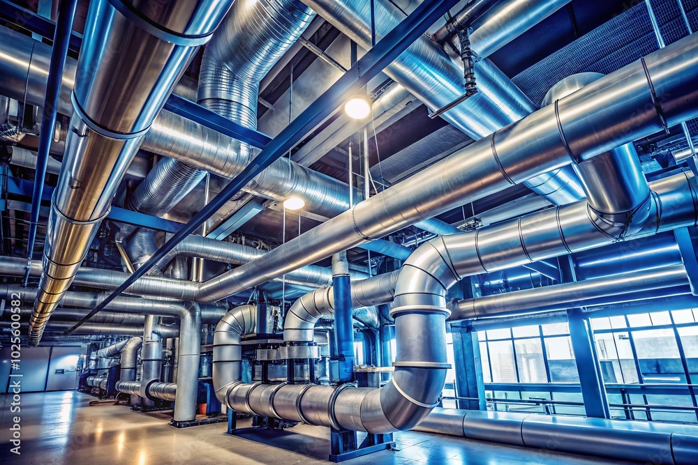 Industrial Air Flow and Conditioning Pipes for Fresh Air in Factory Ensuring Health and Safety in Clean Working Industrial Air Flow and Conditioning Pipes for Fresh Air in Factory Ensuring Health and Safety in Clean Working