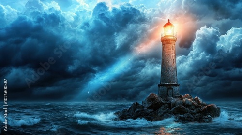 Lighthouse on a rocky shoreline, casting its beam over the sea, guiding ships safely to shore in a dramatic, stormy backdrop.