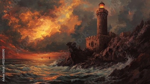 Lighthouse on a rocky shoreline, casting its beam over the sea, guiding ships safely to shore in a dramatic, stormy backdrop.