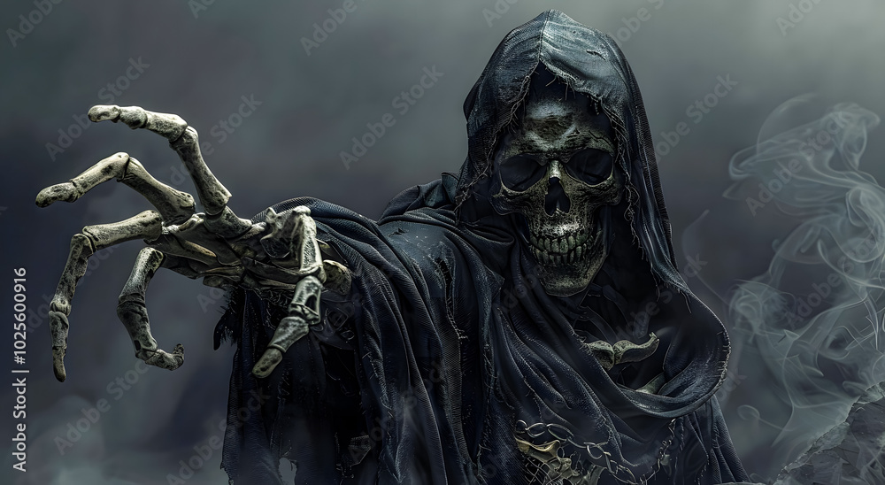 Grim reaper figure in dark cloak, skeletal hand reaching out, surrounded by mist. Perfect for horror or Halloween designs. banner horror