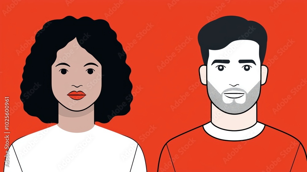 Minimalist Illustration of a Woman and Man with Red Lips and a Beard Minimalist Illustration of a Woman and Man with Red Lips and a Beard