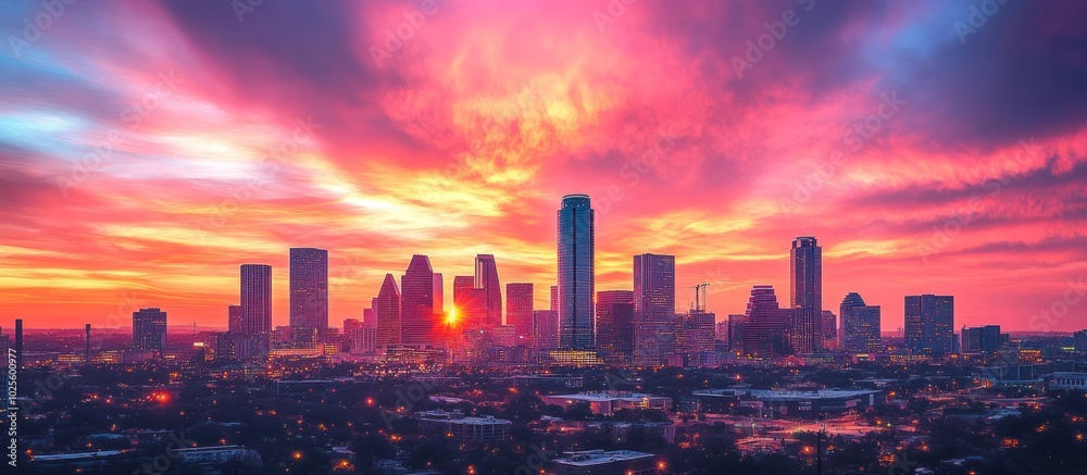 A vibrant sunrise over a modern city skyline with tall buildings and skyscrapers. A vibrant sunrise over a modern city skyline with tall buildings and skyscrapers.
