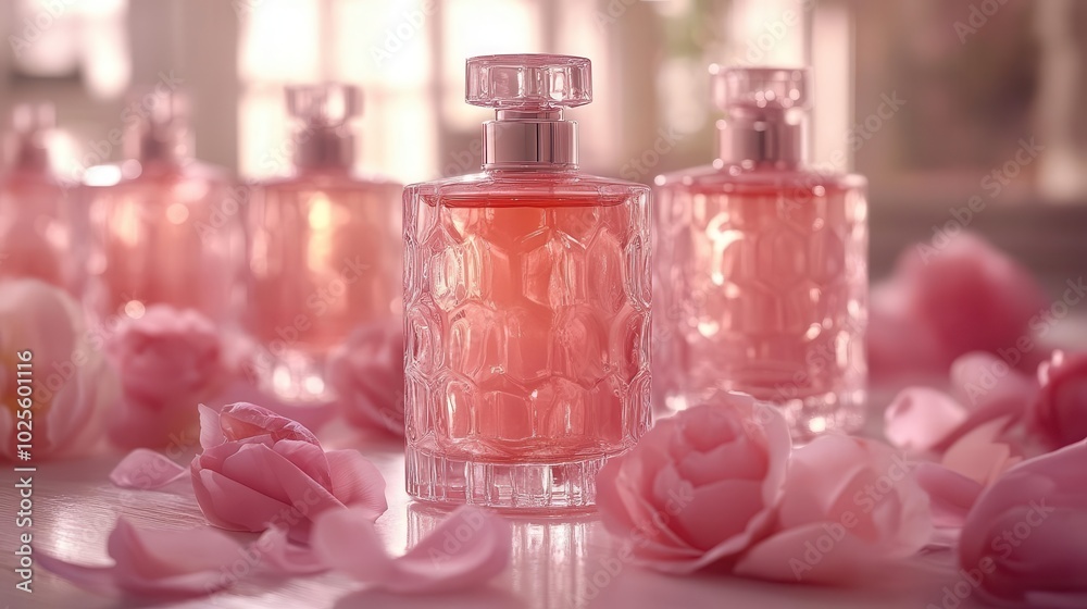 delicate perfume bottles arranged artistically alongside soft petals creating a tender composition that exudes elegance and femininity in a pinkish hue delicate perfume bottles arranged artistically alongside soft petals creating a tender composition that exudes elegance and femininity in a pinkish hue