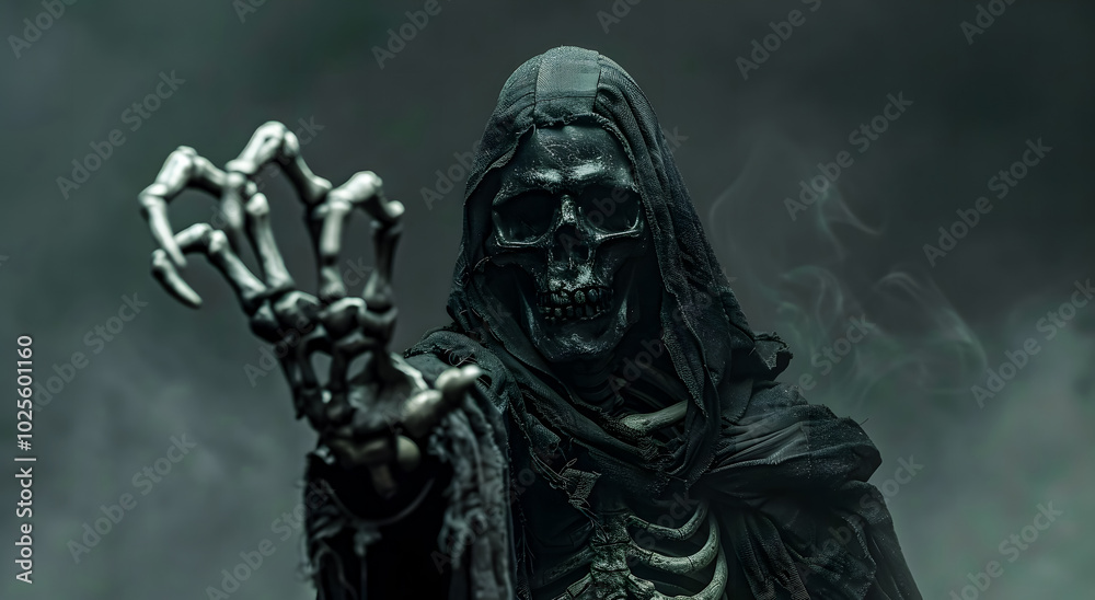 Grim reaper figure in dark cloak, skeletal hand reaching out, surrounded by mist. Perfect for horror or Halloween designs. banner horror Grim reaper figure in dark cloak, skeletal hand reaching out, surrounded by mist. Perfect for horror or Halloween designs. banner horror