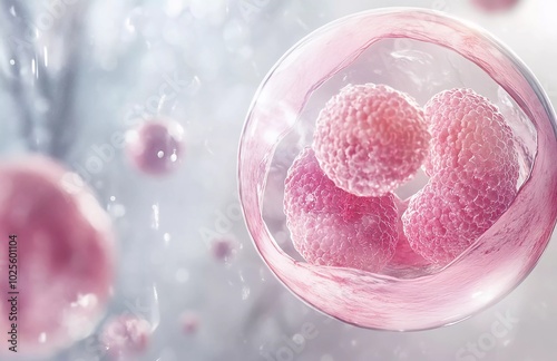 A pink, circular cell with cells floating in the air. The background is a gray and white gradient photo